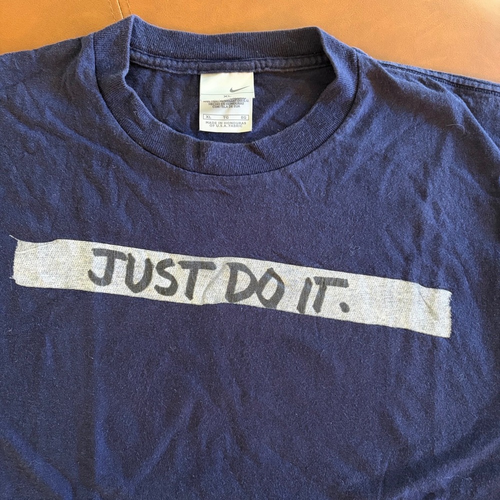 Vintage Nike Just Do It Tape Spellout Graphic T-Shirt Navy Blue XL Y2K RN56323
